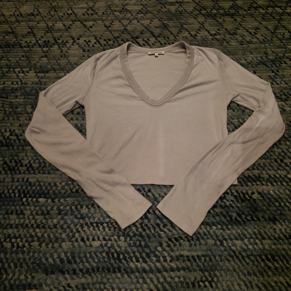 Cotton Citizen Gray V-Neck Crop Long Sleeve Top